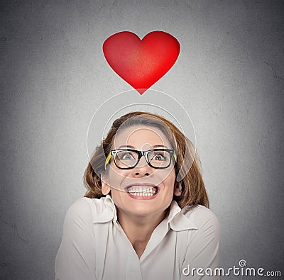 Proposal anticipation. Funky woman in love gray background Stock Photo