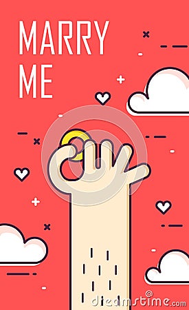 Proposal marriage. Thin line flat design banner for engagement day. Marry me. Vector background with hand and ring Vector Illustration