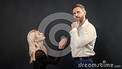 proposal of marriage. woman on knee with engagement ring in front of man. marry me. love romantic date. happy valentines Stock Photo