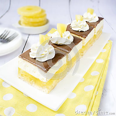 Homemade Pina Colada cake with jelly and fluffy coconut-pineapple foam. Stock Photo