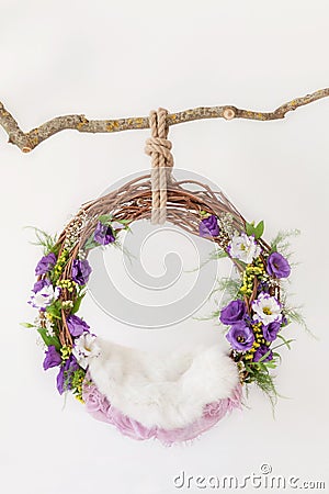 Props for shooting a newborn in a grape ring suspended on a branch decorated with floristry, cradle for a photo Stock Photo