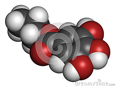 Propyl gallate antioxidant food additive molecule. 3D rendering. Atoms are represented as spheres with conventional color coding:. Stock Photo