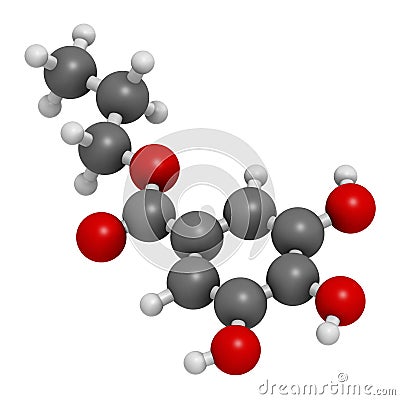 Propyl gallate antioxidant food additive molecule. 3D rendering. Atoms are represented as spheres with conventional color coding: Stock Photo