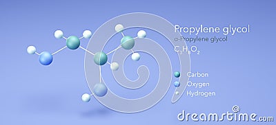propylene glycol, molecular structures, 3d rendering, Structural Chemical Formula and Atoms with Color Coding Stock Photo