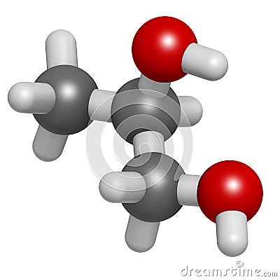 Propylene glycol 1,2-propanediol molecule. Used as solvent in pharmaceutical drugs, as food additive, in de-icing solutions, etc Stock Photo