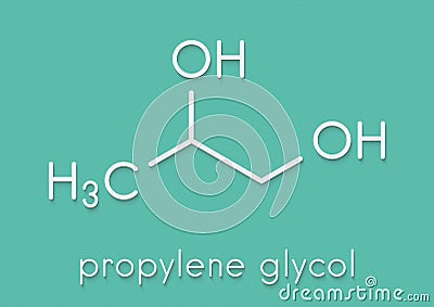 Propylene glycol (1,2-propanediol) molecule. Used as solvent in pharmaceutical drugs, as food additive, in de-icing solutions, etc Stock Photo