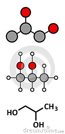 Propylene glycol (1,2-propanediol) molecule. Used as solvent in pharmaceutical drugs, as food additive, in de-icing solutions, etc Vector Illustration