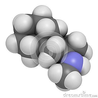 Propylhexedrine molecule. Used as nasal decongestant and stimulant. 3D rendering. Atoms are represented as spheres with Stock Photo