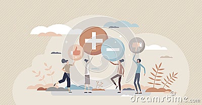 Pros and cons as various feedback opinion comparison tiny person concept Vector Illustration