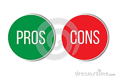 Pros and cons assessment analysis red left green right word text on buttons in empty white background. Vector Illustration