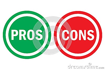 Pros and cons assessment analysis red left green right word text on circle buttons in transparent background Vector Illustration