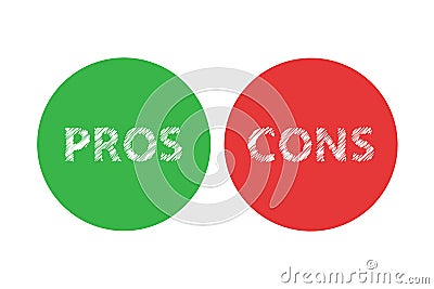 Pros and cons assessment analysis red left green right word text on circles in empty transparent background Vector Illustration