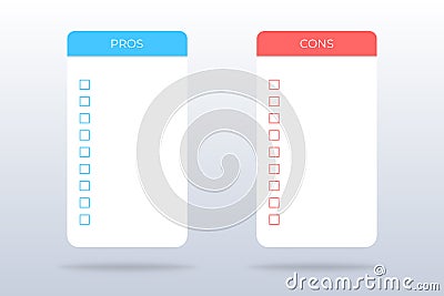 Pros and cons checklist. Isolated positive and negative survey. Evaluation of plus and minus. Pros and cons mockup in blue and red Vector Illustration