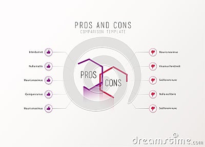 Pros and Cons comparison vector template light vector template with pink and purple hexagons Vector Illustration