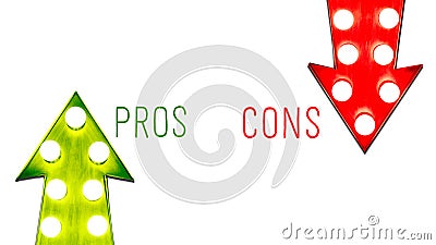 Pros and cons red and green right left up down vintage retro arrows illuminated light bulbs. Concept for advantages disadvantages Stock Photo