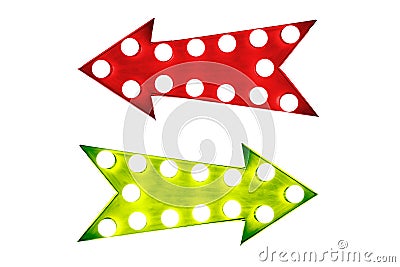 Pros and cons: red left and green right vintage retro arrows illuminated with light bulbs Stock Photo