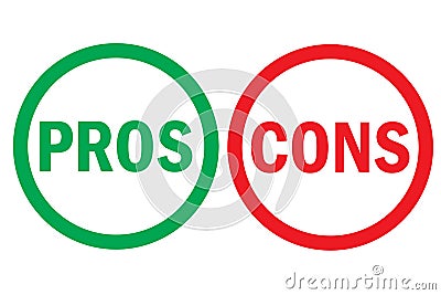 Pros and cons right wrong analysis red left green right word text on circle buttons in empty white background. Vector Vector Illustration