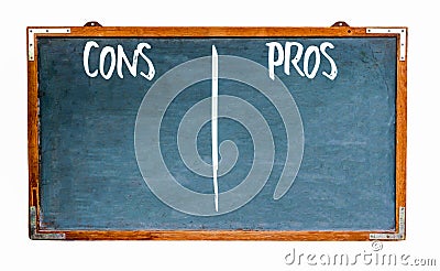 Pros and cons text words in white written on wide blue old grungy vintage wooden chalkboard retro blank blackboard Stock Photo