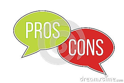 Pros versus cons arguments analysis red left green right word text on opposite balloon speech bubble Vector Illustration