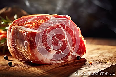 Prosciutto on the wooden board. Iberian ham also known as Jamon iberico. Generative Ai image Stock Photo