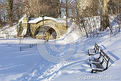 Prospect Park Benches in Snow Stock Photo