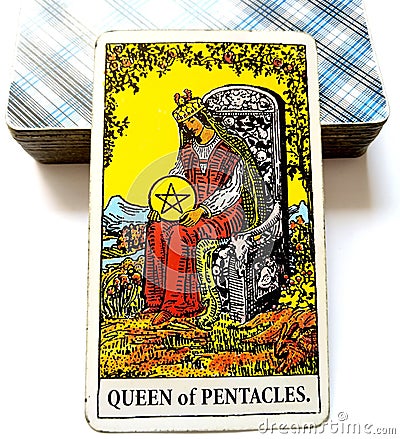 Queen of Pentacles Tarot Card Prosperity Wealth Rich Luxury Fine Living Status Prestige Material Security Economic Stock Photo