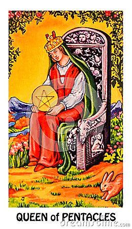 Queen of Pentacles Tarot Card Prosperity Wealth Rich Luxury Fine Living Status Prestige Material Security Economic Stock Photo