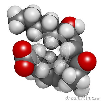 Prostaglandin D2 (PGD2) molecule. 3D rendering. Atoms are represented as spheres with conventional color coding: hydrogen (white Stock Photo