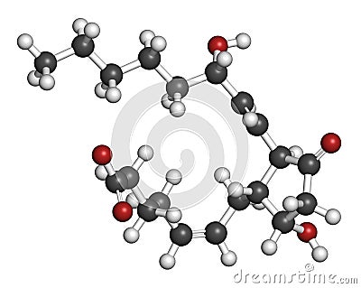 Prostaglandin D2 (PGD2) molecule. 3D rendering. Atoms are represented as spheres with conventional color coding: hydrogen (white Stock Photo