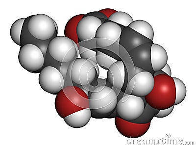 Prostaglandin D2 (PGD2) molecule. 3D rendering. Atoms are represented as spheres with conventional color coding: hydrogen (white Stock Photo