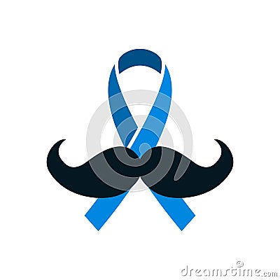 Prostate cancer blue ribbon with mustache in flat style. November awareness month symbol, vector illustration. Concept Vector Illustration