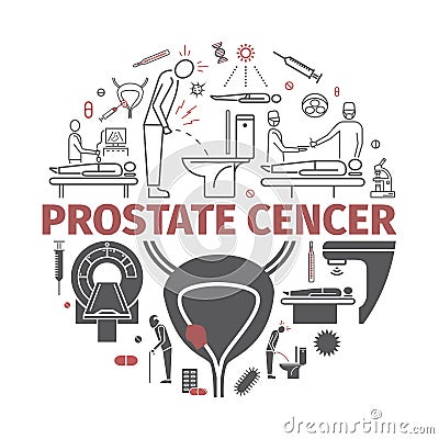 Prostate Cancer. Symptoms, Causes, Treatment. Vector Icons. Vector Illustration