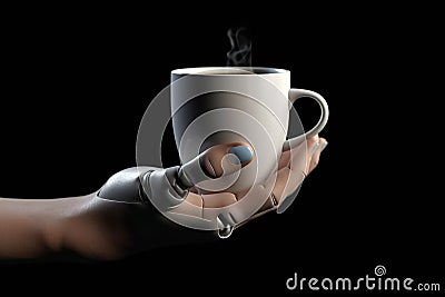Prosthetic or robotic hand holding a cup of coffee or tea on a black background. A bionic robot hand holding a cup Stock Photo