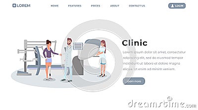 Prosthetics clinic flat homepage vector template. Doctor, surgeon and patient with artificial limb characters. Modern Vector Illustration