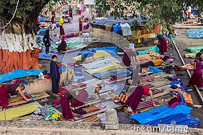 Prostrations at the temple Editorial Stock Photo