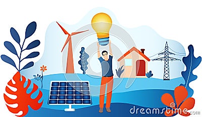 Prosumer. Self-produced energy sharing. Renewable energy. Ecological house. Photovoltaics. Man holding a light bulb in hand Stock Photo