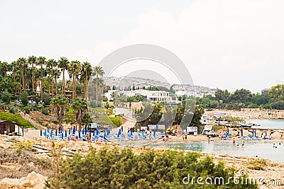 Protaras. Beach of Cavo Maris Hotel in Protaras. Panorama of Cyprus Shore Editorial Stock Photo