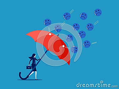 Protect or control emotions. Businesswoman protecting herself with big umbrella from negative thoughts Vector Illustration