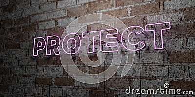 PROTECT - Glowing Neon Sign on stonework wall - 3D rendered royalty free stock illustration Cartoon Illustration