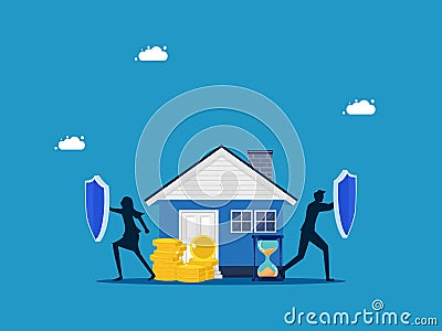 Protect home and property. team Business holding shield protects house and pile of money Vector Illustration