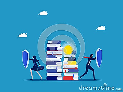 Protect information or business knowledge. Business team holding shields to protect stacks of books Vector Illustration