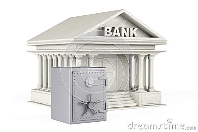 Protect Money Concept. Metal Safe and Bank Building Stock Photo