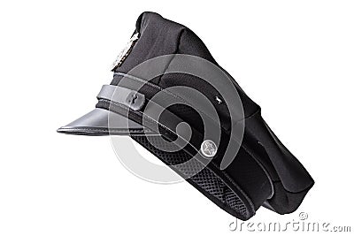 Protect and serve, law enforcement and american cop concept police officer hat isolated on white background with clipping path cut Stock Photo