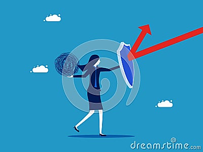 Protect trouble. Businesswoman with shield prevents chaos from attacking with arrows Vector Illustration