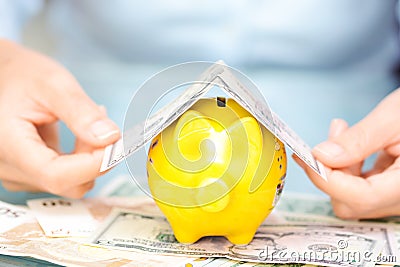 Protect your economies concept with piggy bank covered by US dollar bill as rooftop Stock Photo