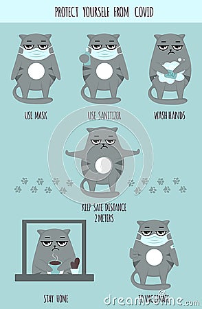 Protect yourself from covid to caccinate. Protection tips. Vector illustration with cat character. Coronovirus healtcare and Vector Illustration
