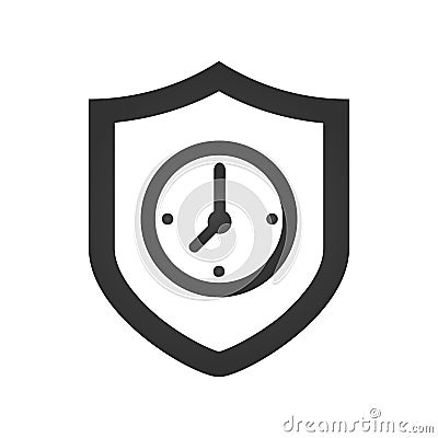 Protected guard shield clock icon . Safety badge clock icon. Presentation clock sticker shield. vector illustration. Cartoon Illustration