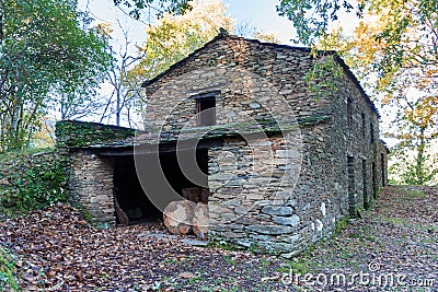 Protected landscape and slate houses of the Mata Da Margaraca Stock Photo