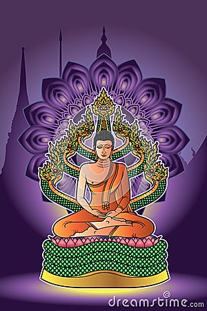 Protected by Naga King (Pang Nak Prok).The Saturday Buddha image Vector Illustration