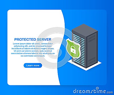 Protected server. Isometric database protection concept. Server room rack, database security, shield server unit. Vector Illustration